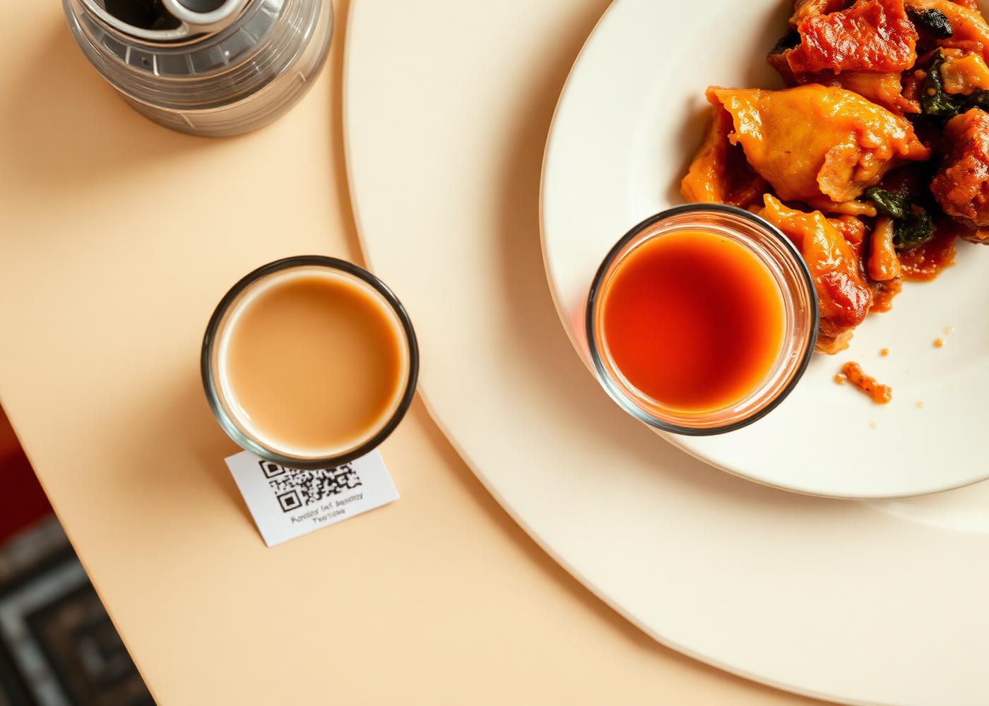 Cafe table with a QR menu card, tea and a plate of food